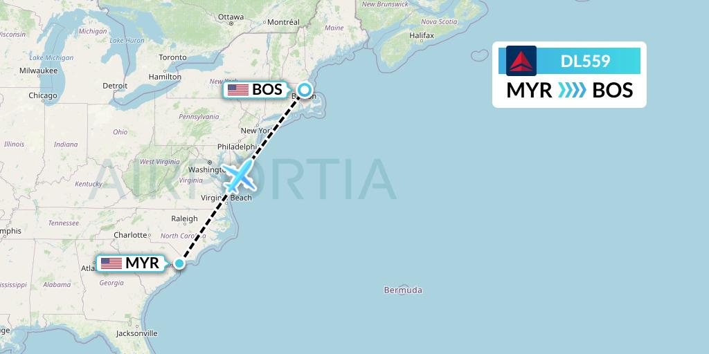 DL559 Delta Air Lines Flight Map: Myrtle Beach to Boston