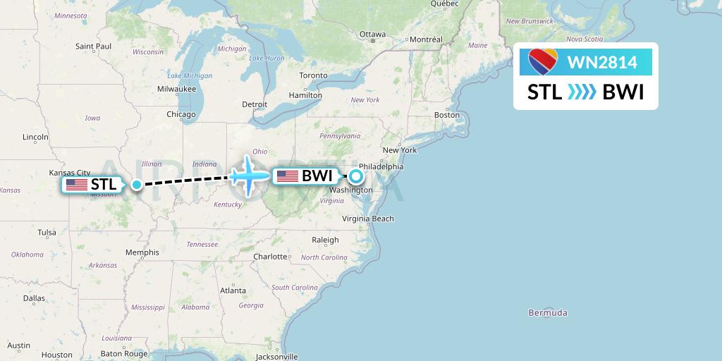 WN2814 Southwest Airlines Flight Map: St. Louis to Baltimore