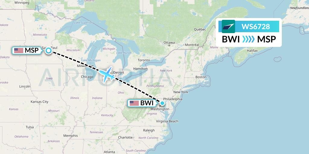 WS6728 WestJet Flight Map: Baltimore to Minneapolis