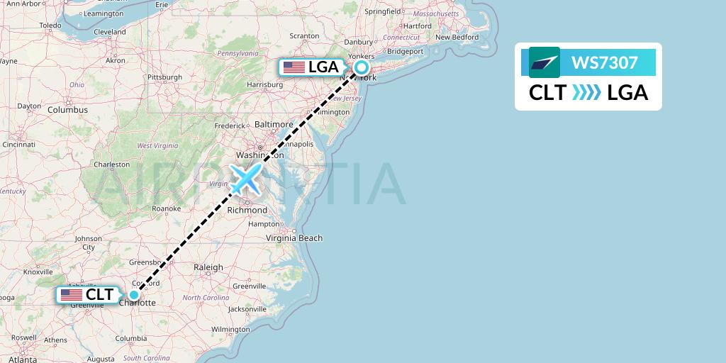 WS7307 WestJet Flight Map: Charlotte to New York