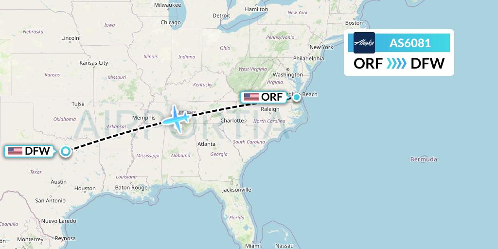 AS6081 Alaska Airlines Flight Map: Norfolk to Dallas