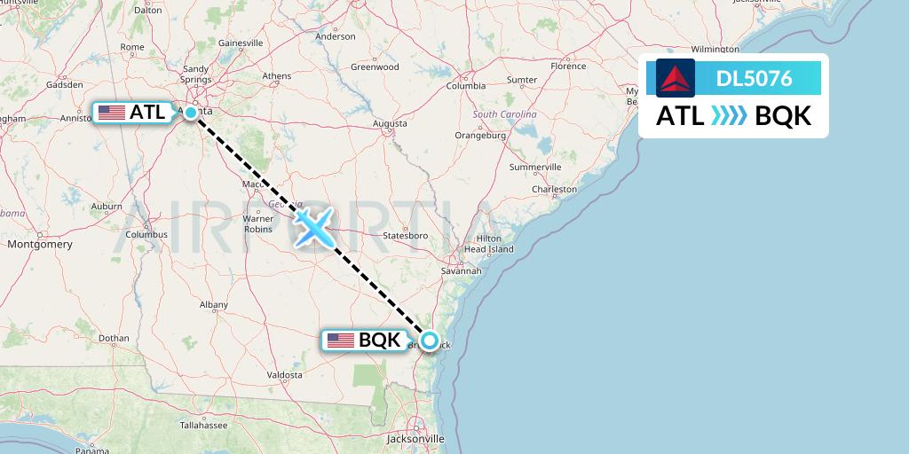 DL5076 Delta Air Lines Flight Map: Atlanta to Brunswick