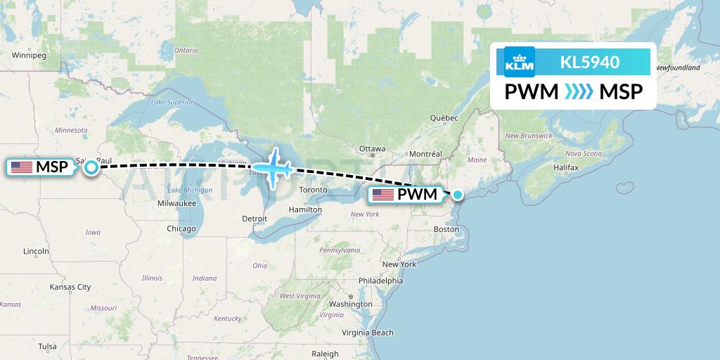 KL5940 KLM Flight Map: Portland to Minneapolis