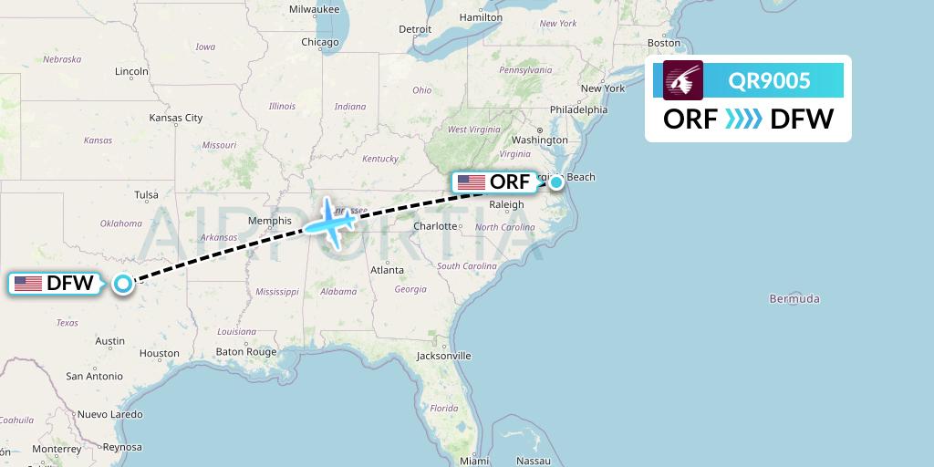 QR9005 Qatar Airways Flight Map: Norfolk to Dallas