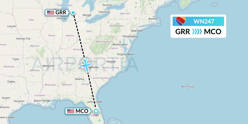 WN247 Southwest Airlines Flight Map: Grand Rapids to Orlando