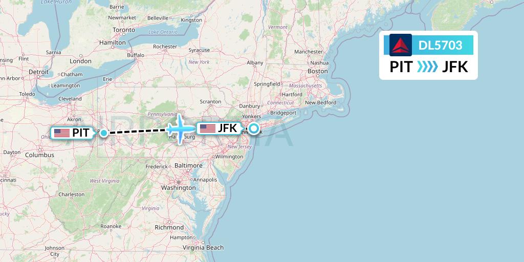 DL5703 Delta Air Lines Flight Map: Pittsburgh to New York