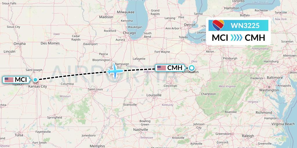 WN3225 Southwest Airlines Flight Map: Kansas City to Columbus