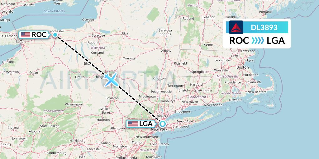 DL3893 Delta Air Lines Flight Map: Rochester to New York