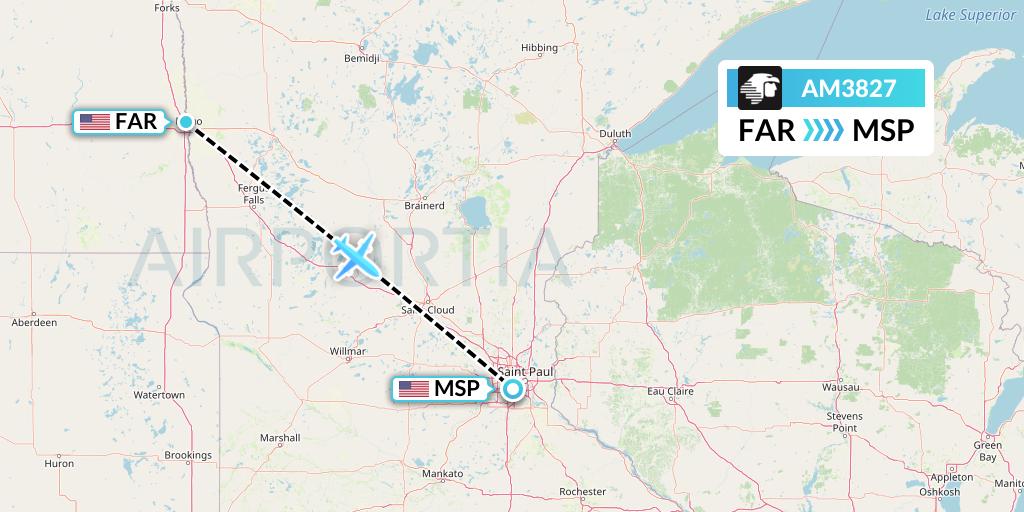 AM3827 Aeromexico Flight Map: Fargo to Minneapolis