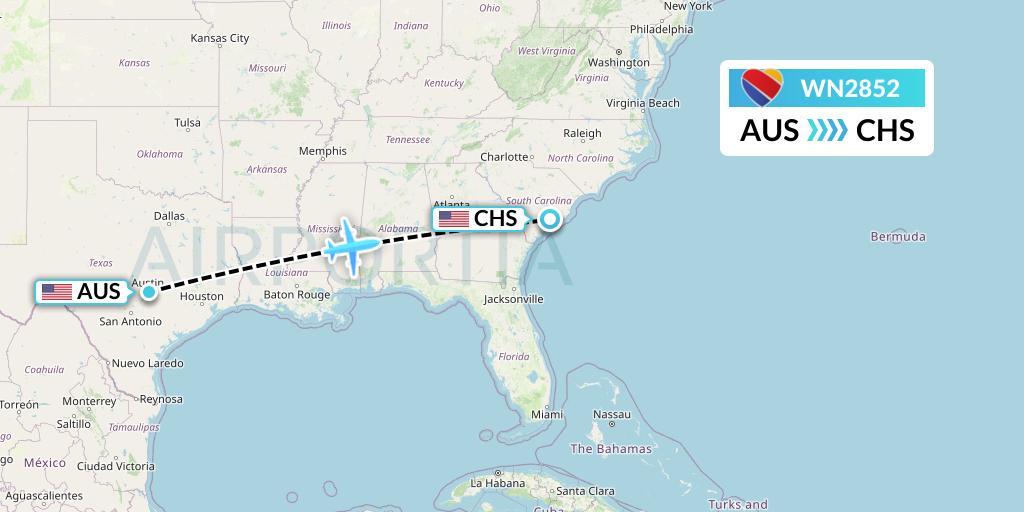WN2852 Southwest Airlines Flight Map: Austin to Charleston