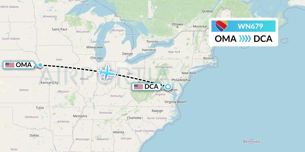 WN679 Southwest Airlines Flight Map: Omaha to Washington
