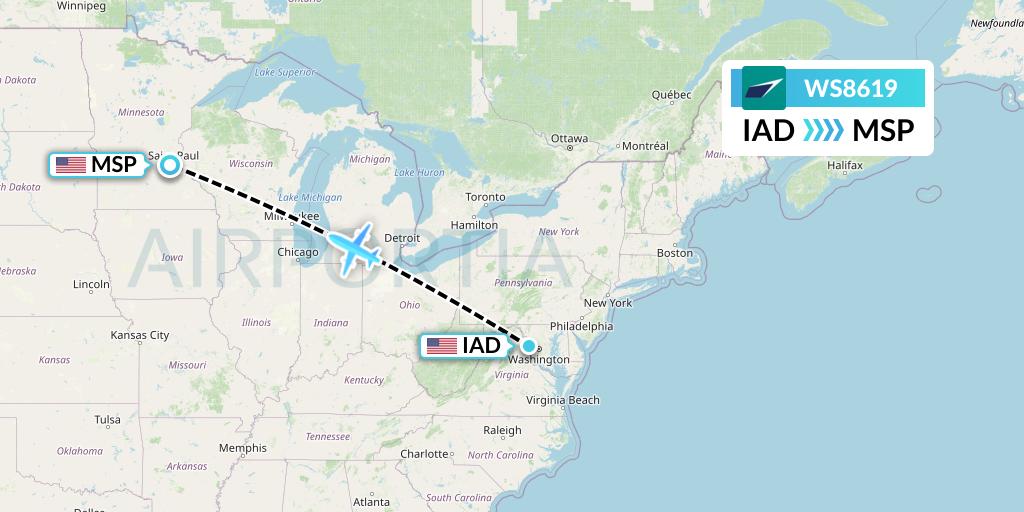 WS8619 WestJet Flight Map: Washington to Minneapolis