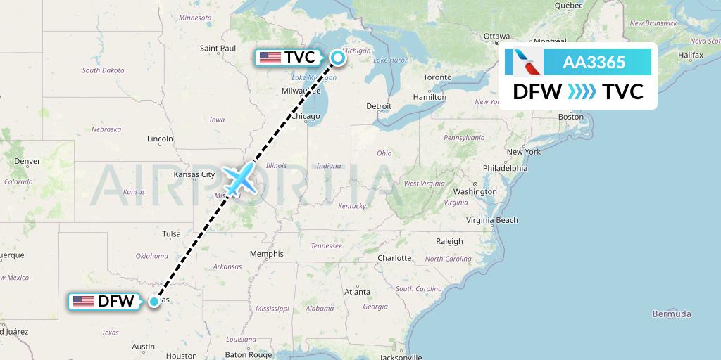 AA3365 American Airlines Flight Map: Dallas to Traverse City