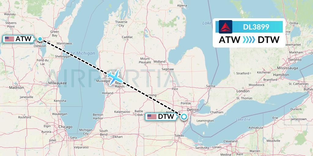 DL3899 Delta Air Lines Flight Map: Appleton to Detroit