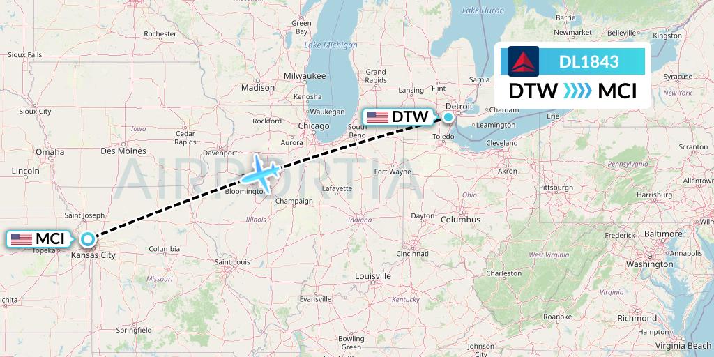 DL1843 Delta Air Lines Flight Map: Detroit to Kansas City