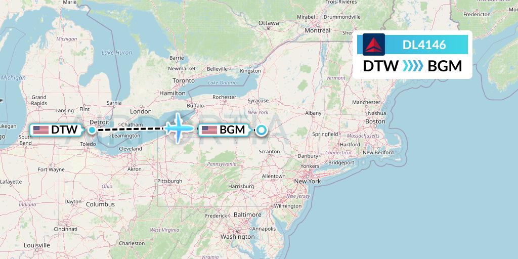 DL4146 Delta Air Lines Flight Map: Detroit to Binghamton