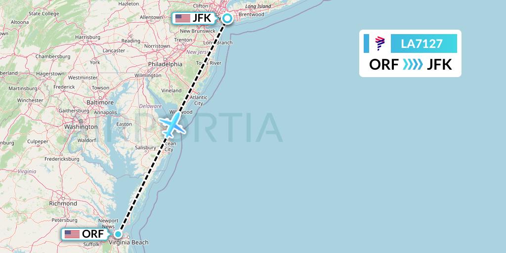 LA7127 LAN Airlines Flight Map: Norfolk to New York