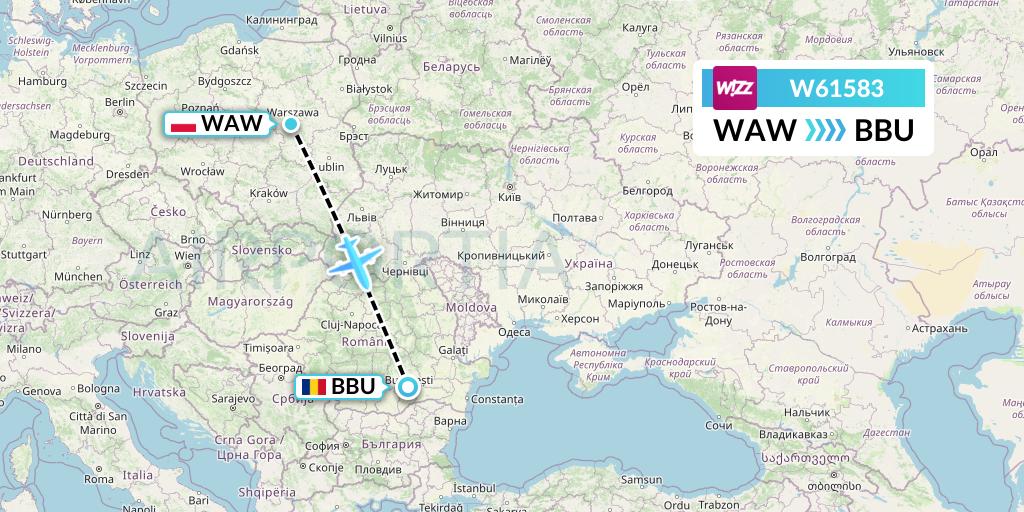 W61583 Wizz Air Flight Map: Warsaw to Bucharest