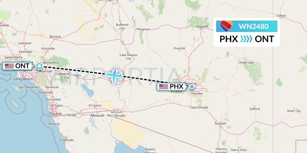 WN2480 Southwest Airlines Flight Map: Phoenix to Ontario