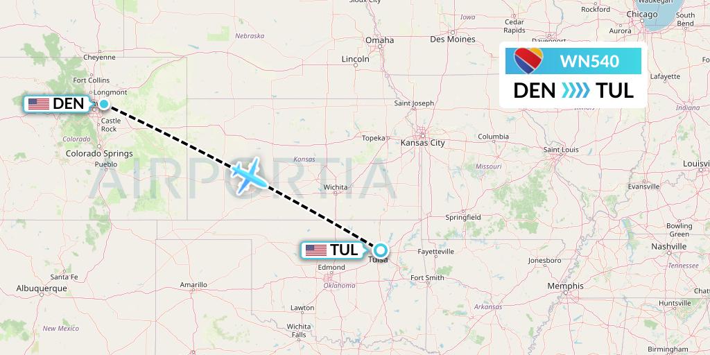 WN540 Southwest Airlines Flight Map: Denver to Tulsa