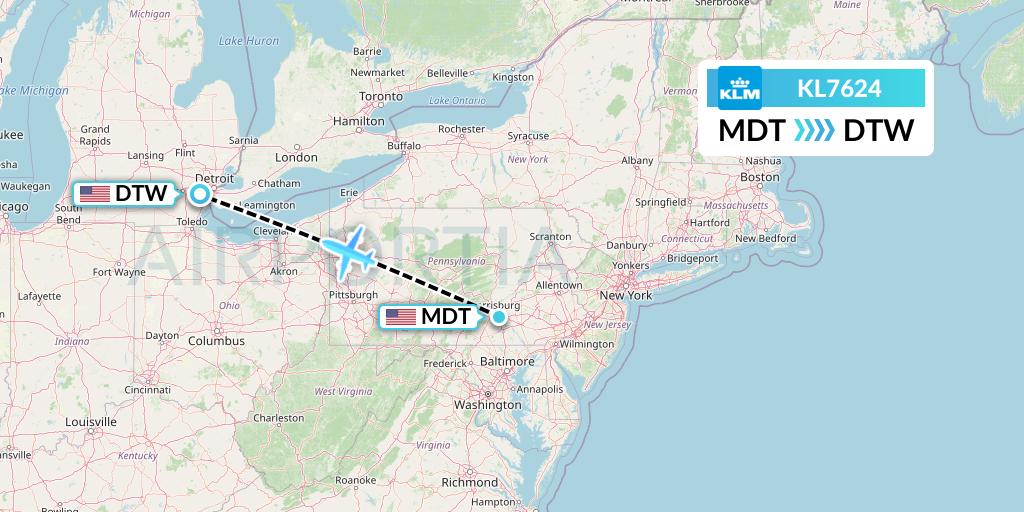 KL7624 KLM Flight Map: Harrisburg to Detroit