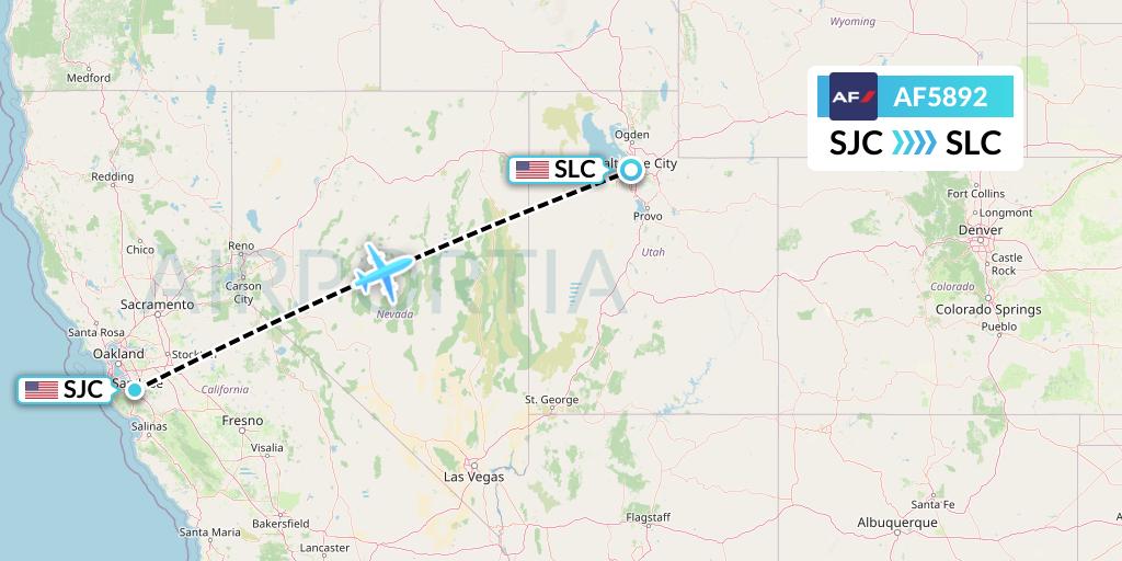 AF5892 Air France Flight Map: San Jose to Salt Lake City