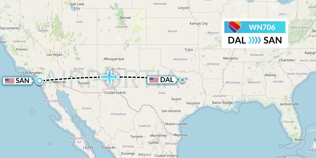 WN706 Southwest Airlines Flight Map: Dallas to San Diego
