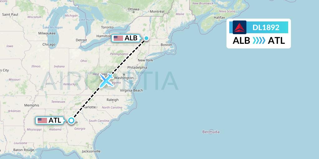 DL1892 Delta Air Lines Flight Map: Albany to Atlanta