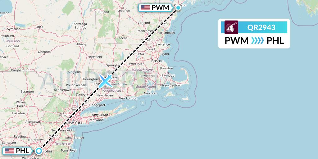 QR2943 Qatar Airways Flight Map: Portland to Philadelphia