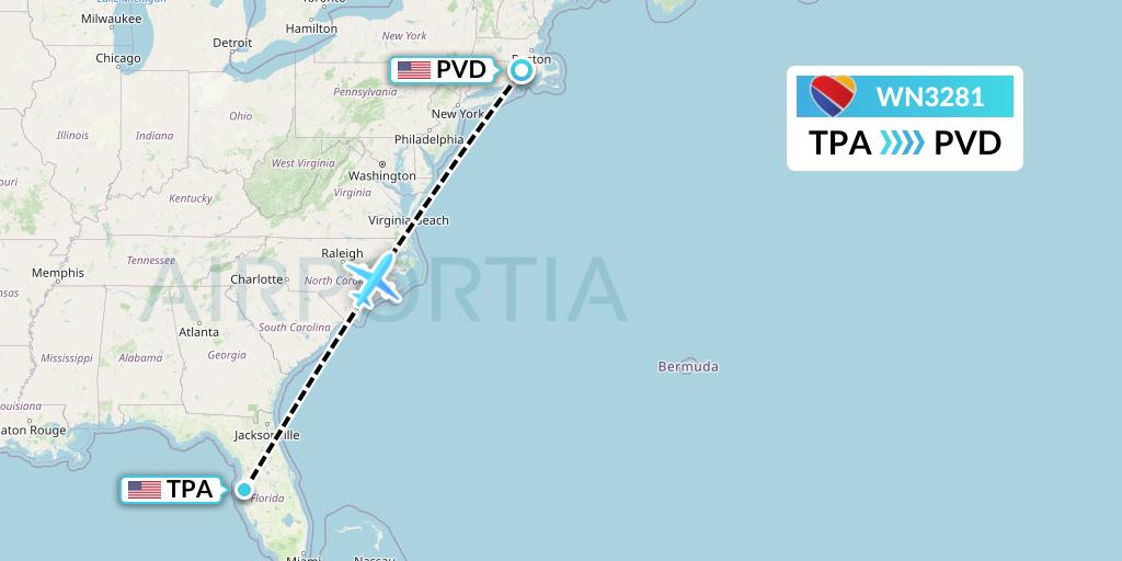 WN3281 Southwest Airlines Flight Map: Tampa to Providence