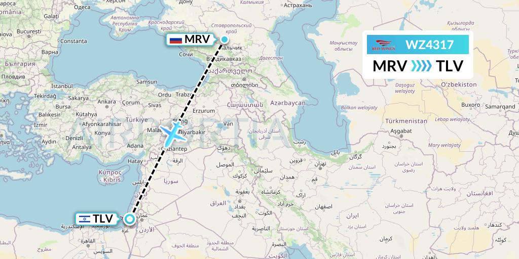 WZ4317 Red Wings Flight Map: Mineralnye Vody to Tel Aviv