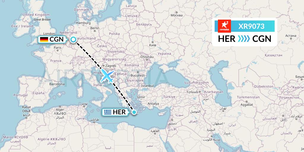 XR9073 Corendon Airlines Europe Flight Map: Heraklion to Cologne