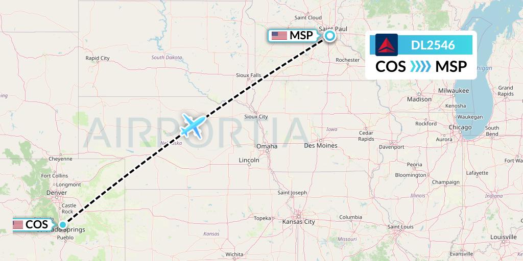 DL2546 Delta Air Lines Flight Map: Colorado Springs to Minneapolis