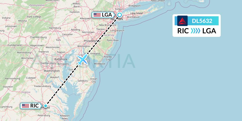 DL5632 Delta Air Lines Flight Map: Richmond to New York