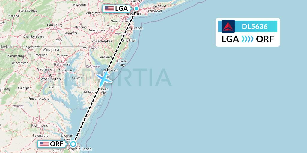 DL5636 Delta Air Lines Flight Map: New York to Norfolk