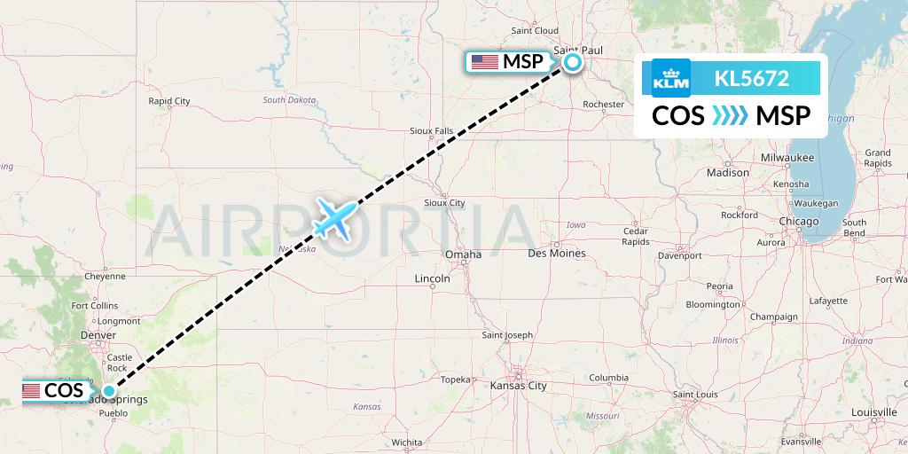 KL5672 KLM Flight Map: Colorado Springs to Minneapolis