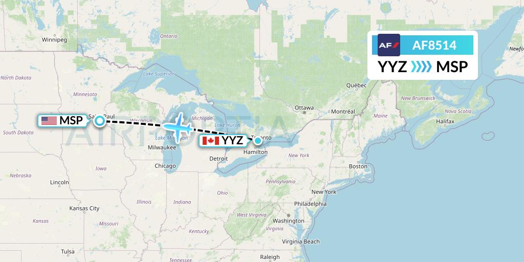 AF8514 Air France Flight Map: Toronto to Minneapolis