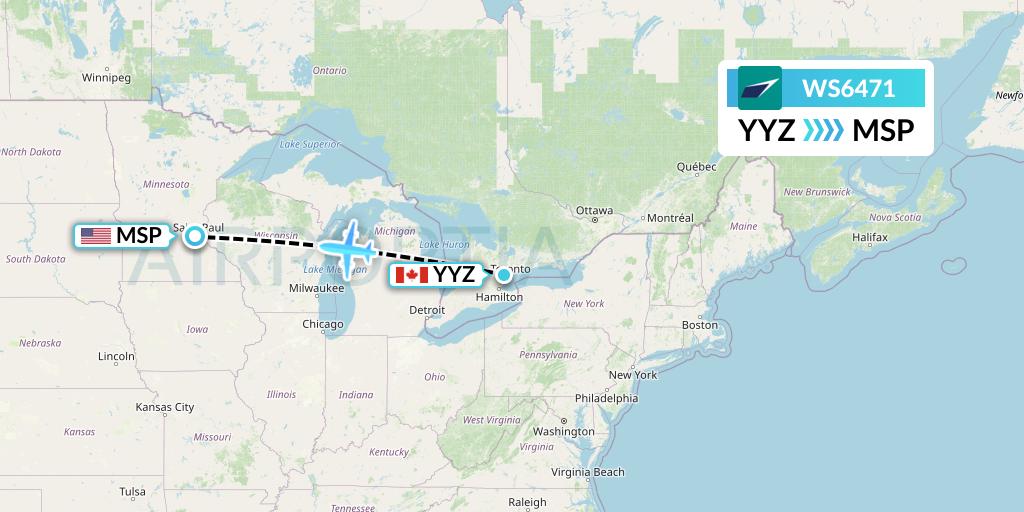 WS6471 WestJet Flight Map: Toronto to Minneapolis