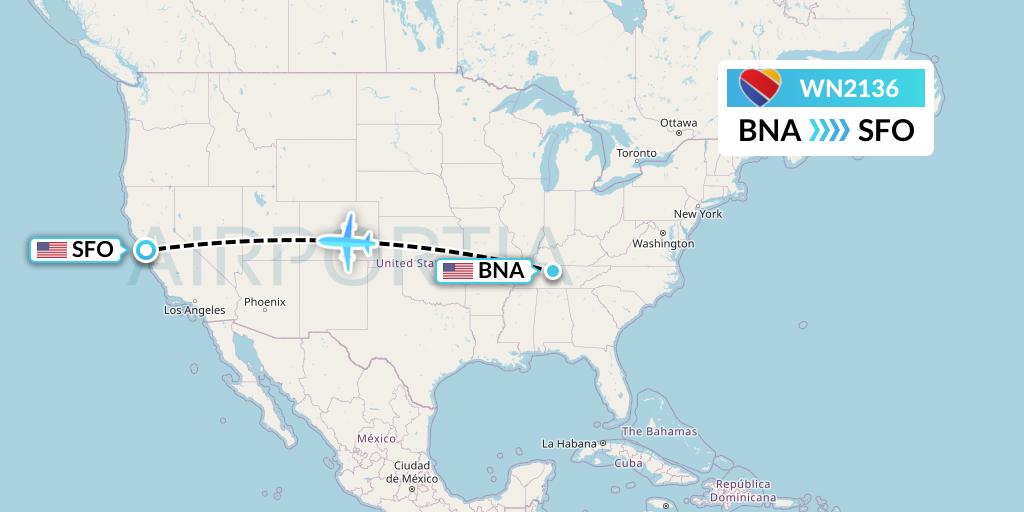 WN2136 Southwest Airlines Flight Map: Nashville to San Francisco