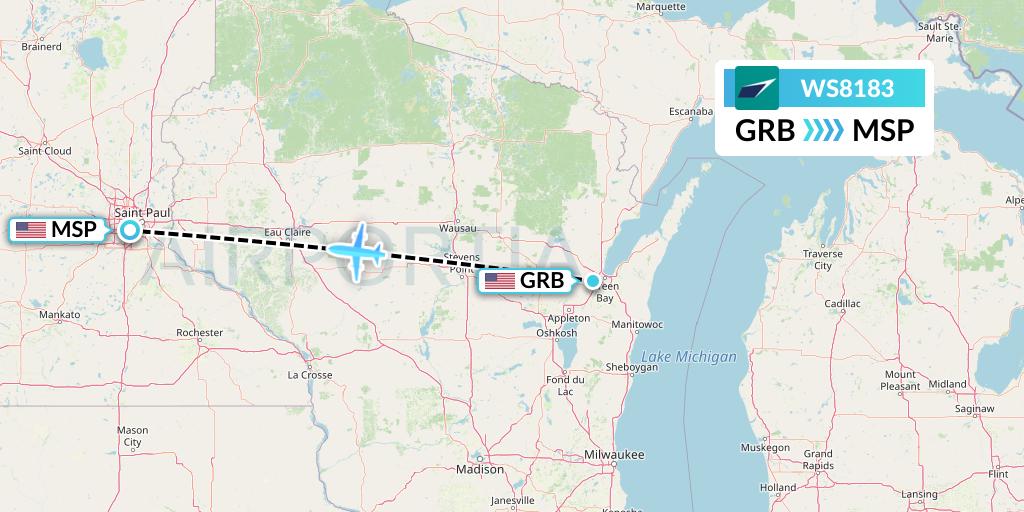 WS8183 WestJet Flight Map: Green Bay to Minneapolis