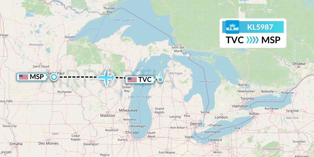 KL5987 KLM Flight Map: Traverse City to Minneapolis