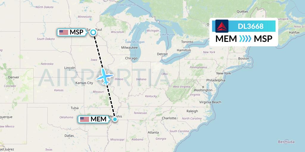 DL3668 Delta Air Lines Flight Map: Memphis to Minneapolis