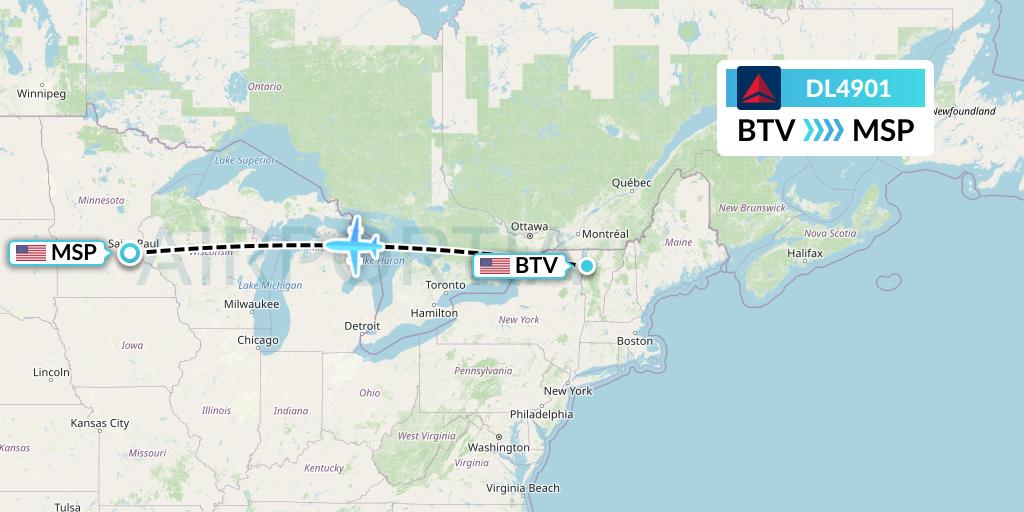 DL4901 Delta Air Lines Flight Map: Burlington to Minneapolis