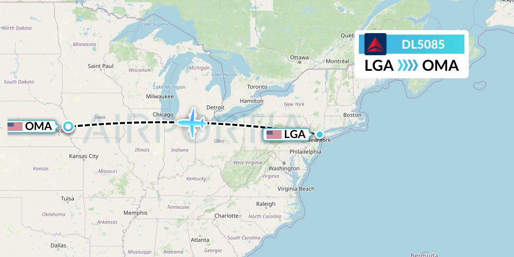 DL5085 Delta Air Lines Flight Map: New York to Omaha
