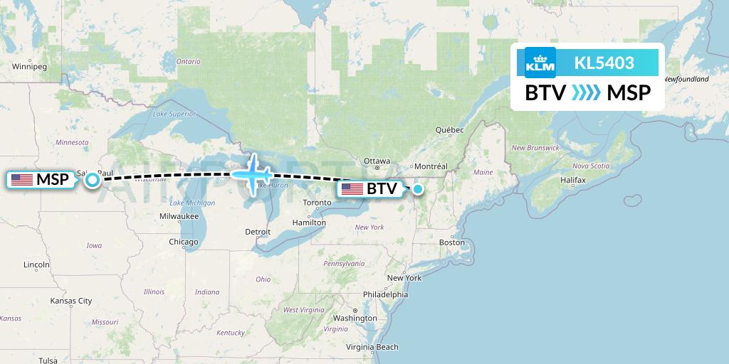 KL5403 KLM Flight Map: Burlington to Minneapolis