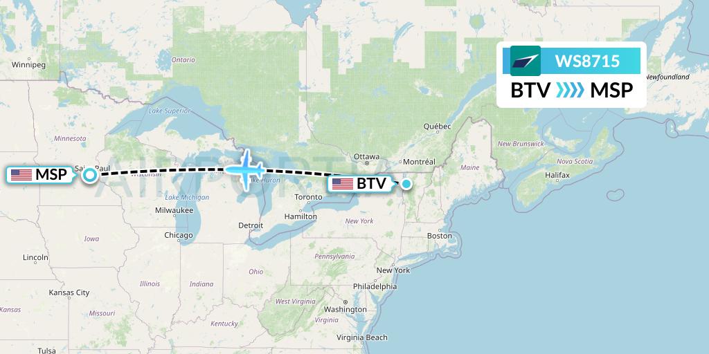 WS8715 WestJet Flight Map: Burlington to Minneapolis