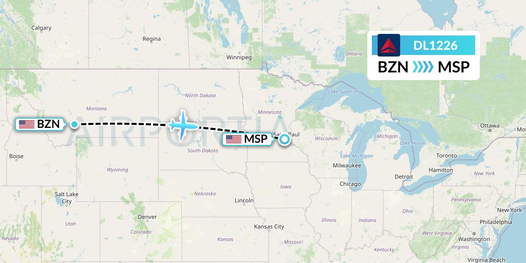 DL1226 Delta Air Lines Flight Map: Bozeman to Minneapolis