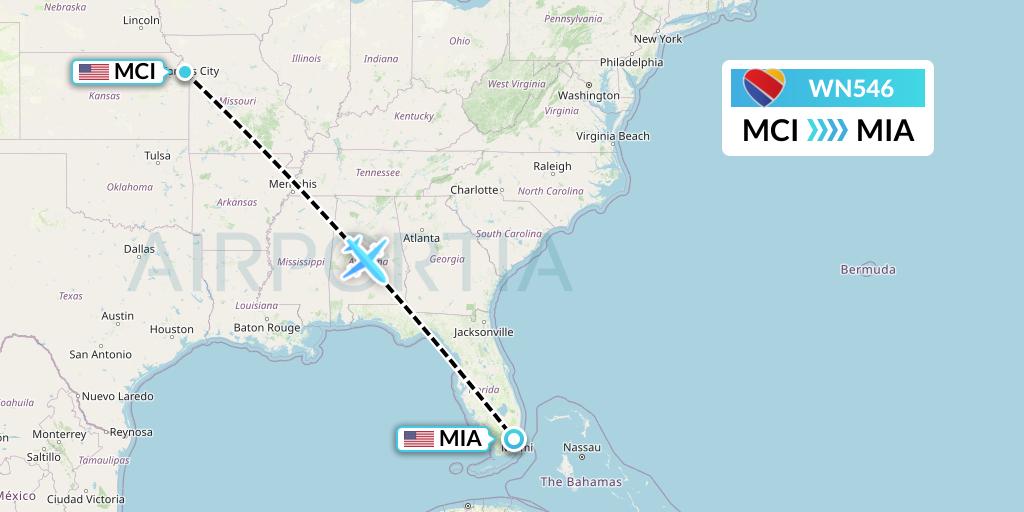 WN546 Southwest Airlines Flight Map: Kansas City to Miami