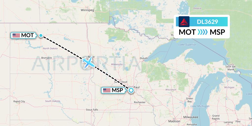 DL3629 Delta Air Lines Flight Map: Minot to Minneapolis