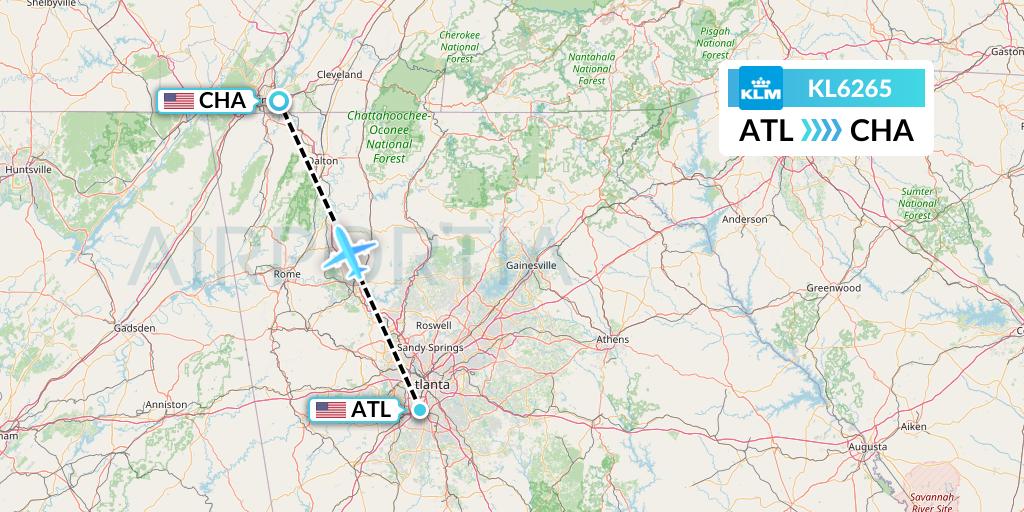 KL6265 KLM Flight Map: Atlanta to Chattanooga